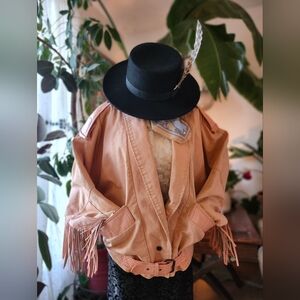 Vintage 90s Fringe Bomber Peach Denim LEATHER Fringe Rare Y2K Coachella Western